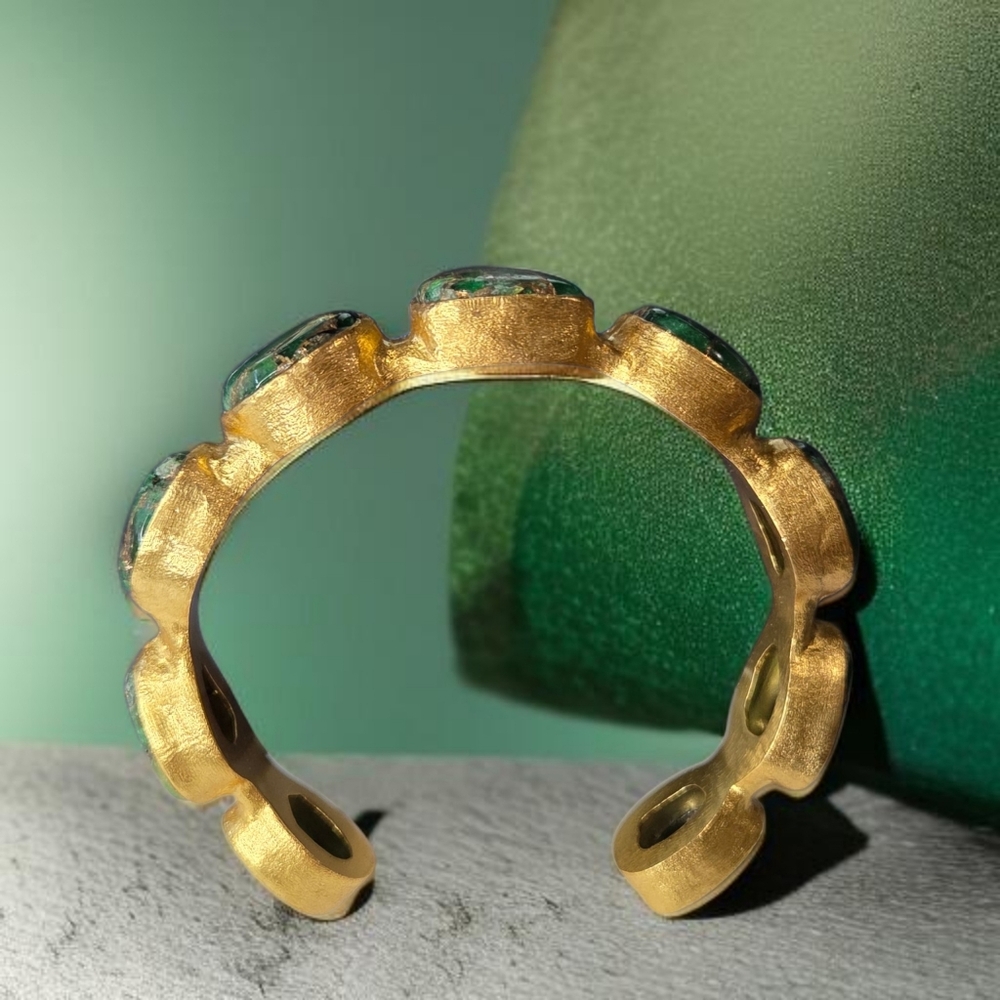 24k Gold Plated Chunky Natural Green Mohave Turquoise Artisan Cuff Bracelet - Picture 4 of 6